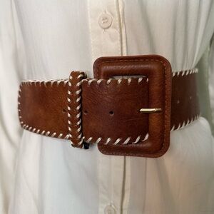 Brown PU distressed leather whip stitch trim rectangle buckle belt